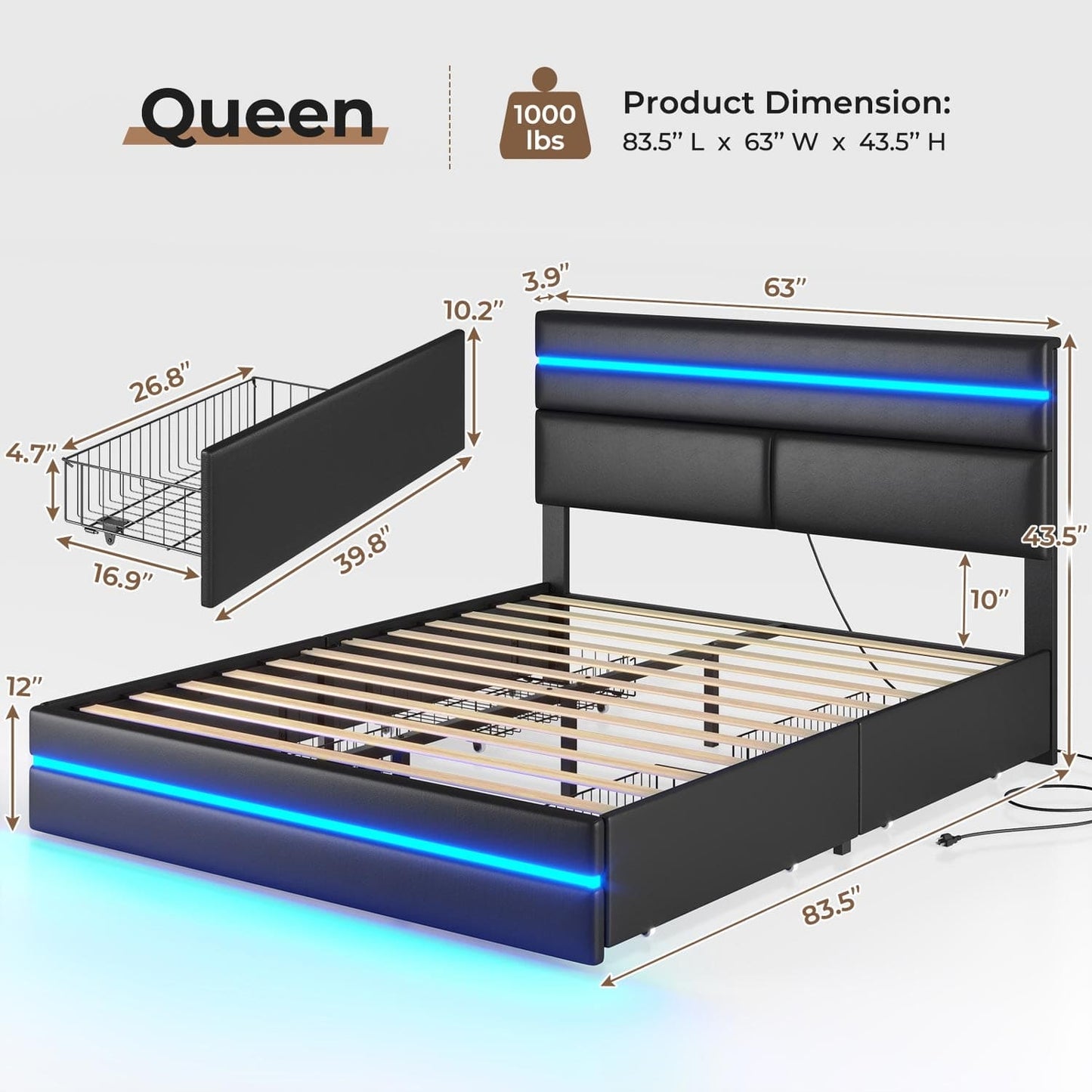 LED Bed Frame with Charging Station Black