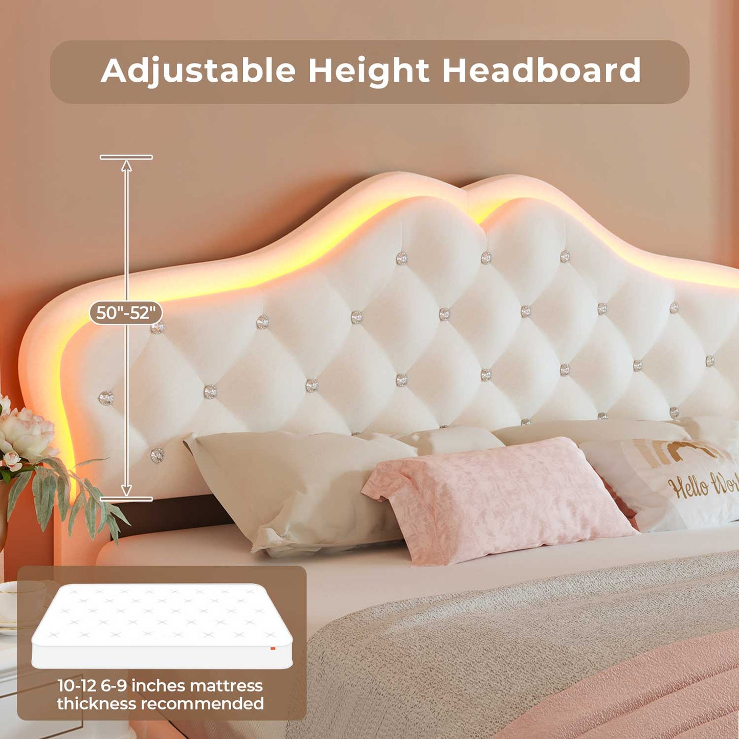 Velvet Princess LED Bed Frame with Adjustable Headboard White