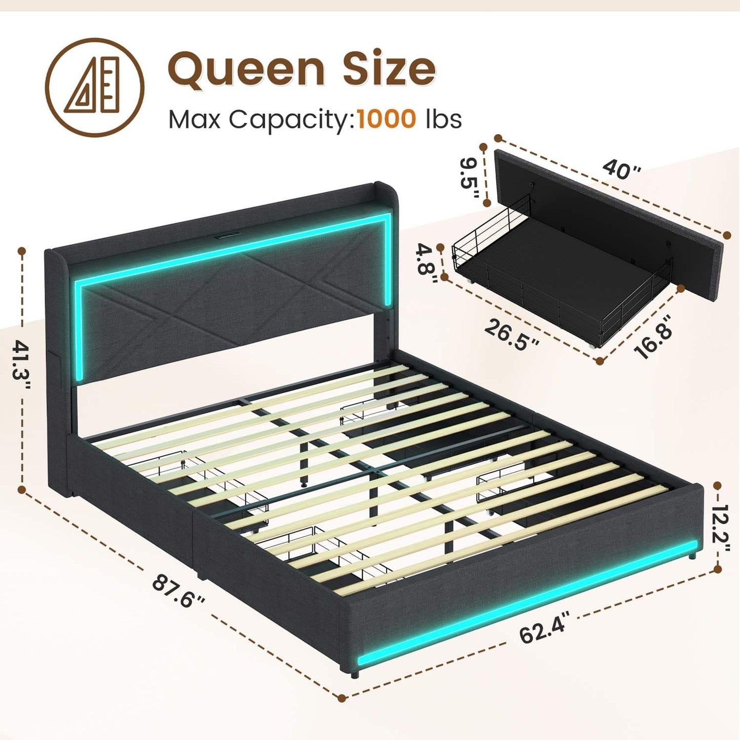 LED PU Leather Upholstered Bed Frame Grey