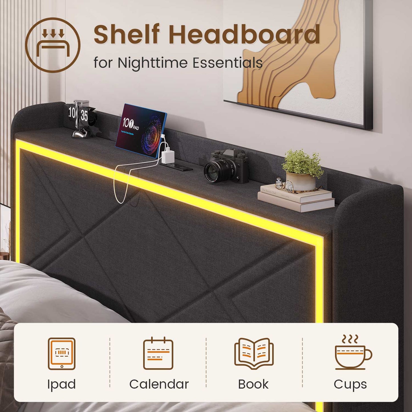 LED PU Leather Upholstered Bed Frame Grey