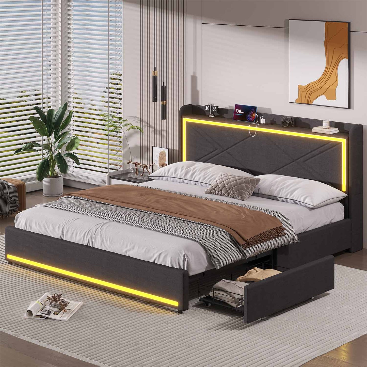 LED PU Leather Upholstered Bed Frame Grey