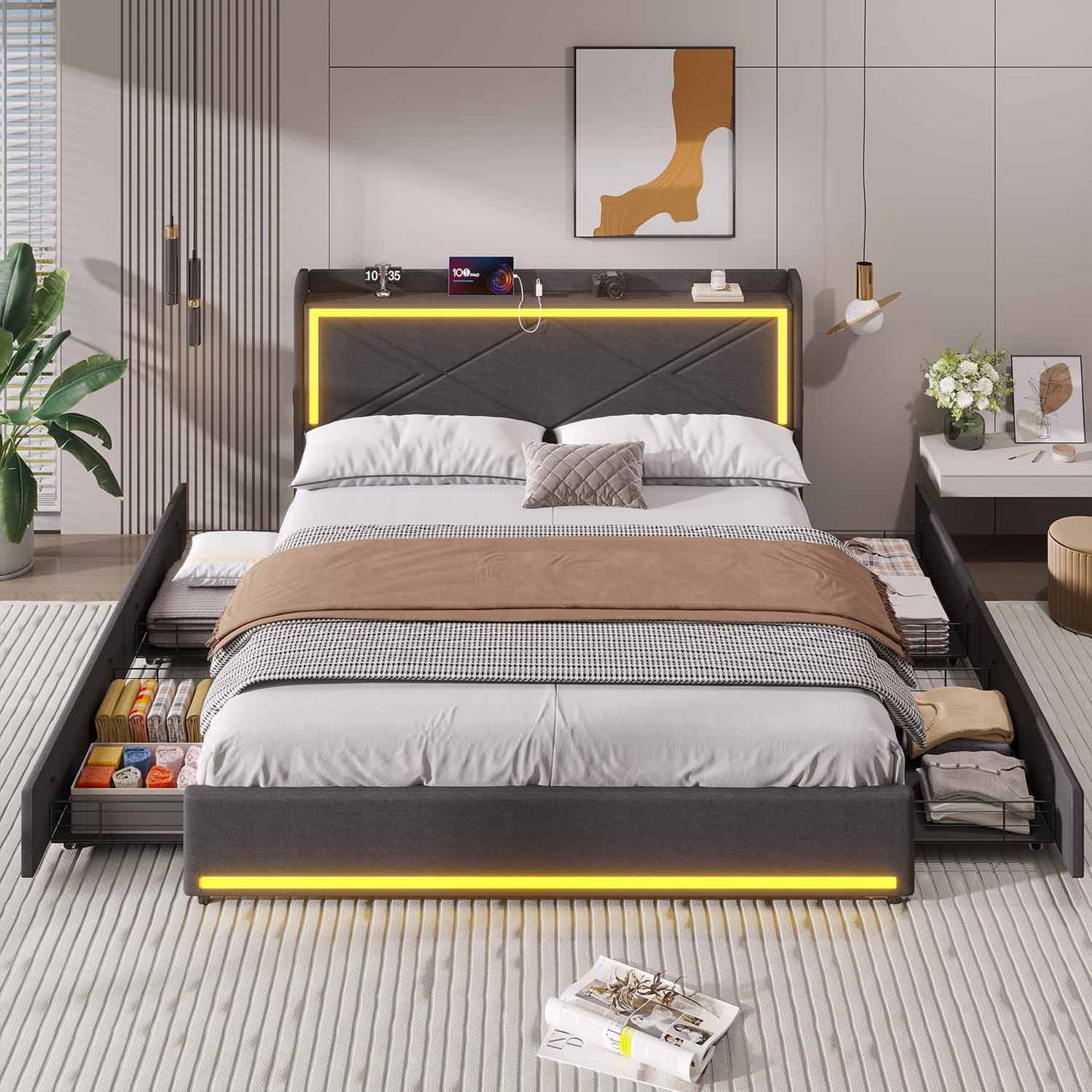 LED PU Leather Upholstered Bed Frame Grey
