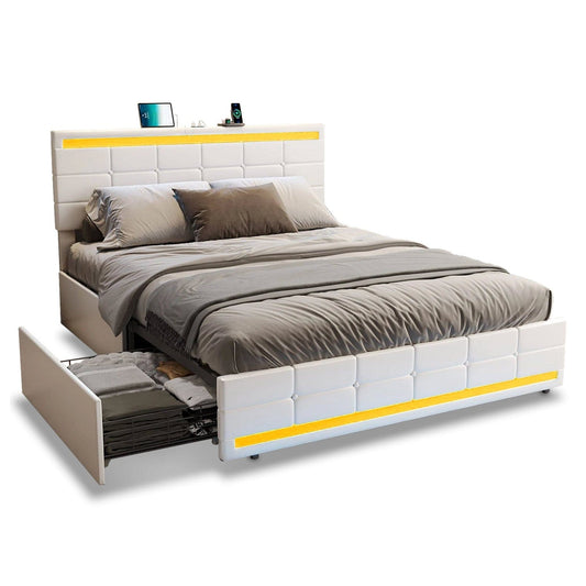 PU Leather Upholstered Bed Frame with 4 Storage Drawers White