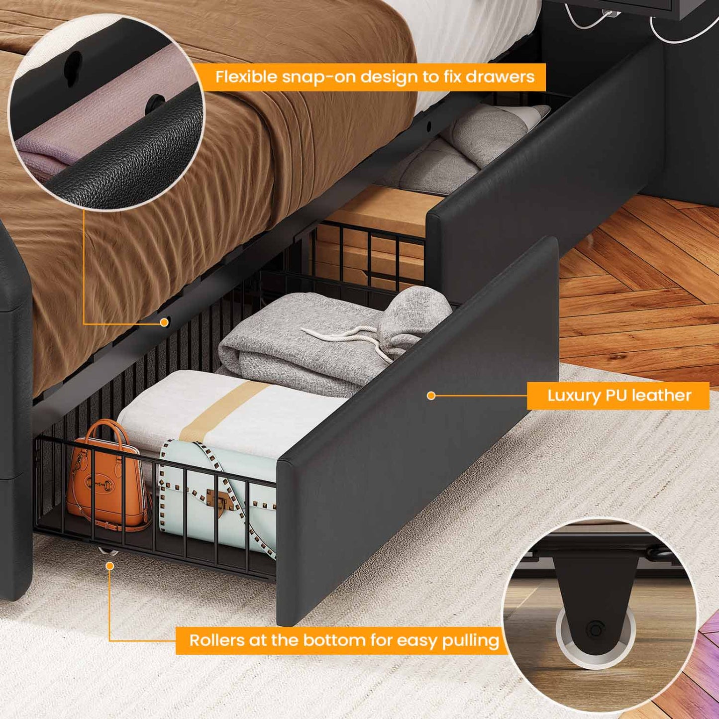 PU Leather Upholstered LED Bed Frame with 2 Nightstands 2 Mirrors Black