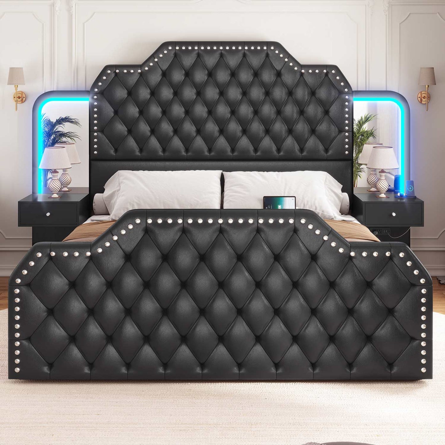PU Leather Upholstered LED Bed Frame with 2 Nightstands 2 Mirrors Black