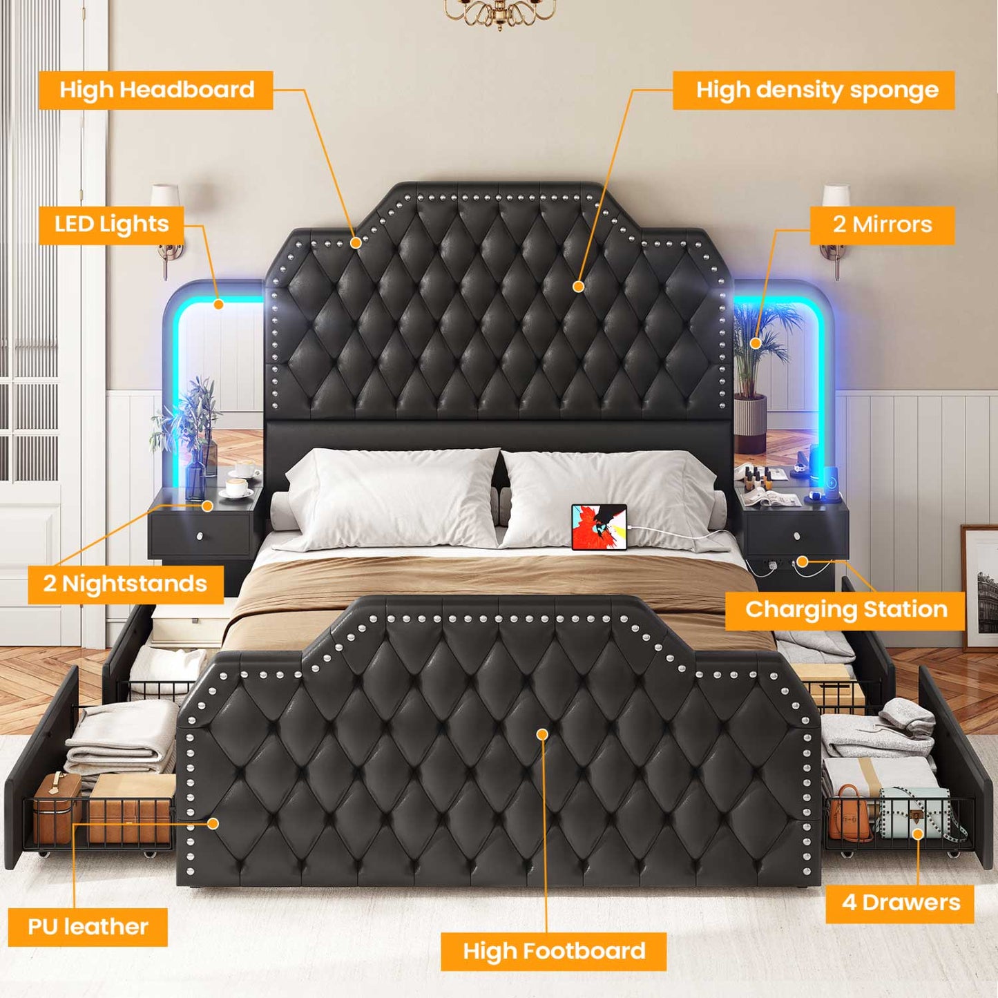 PU Leather Upholstered LED Bed Frame with 2 Nightstands 2 Mirrors Black
