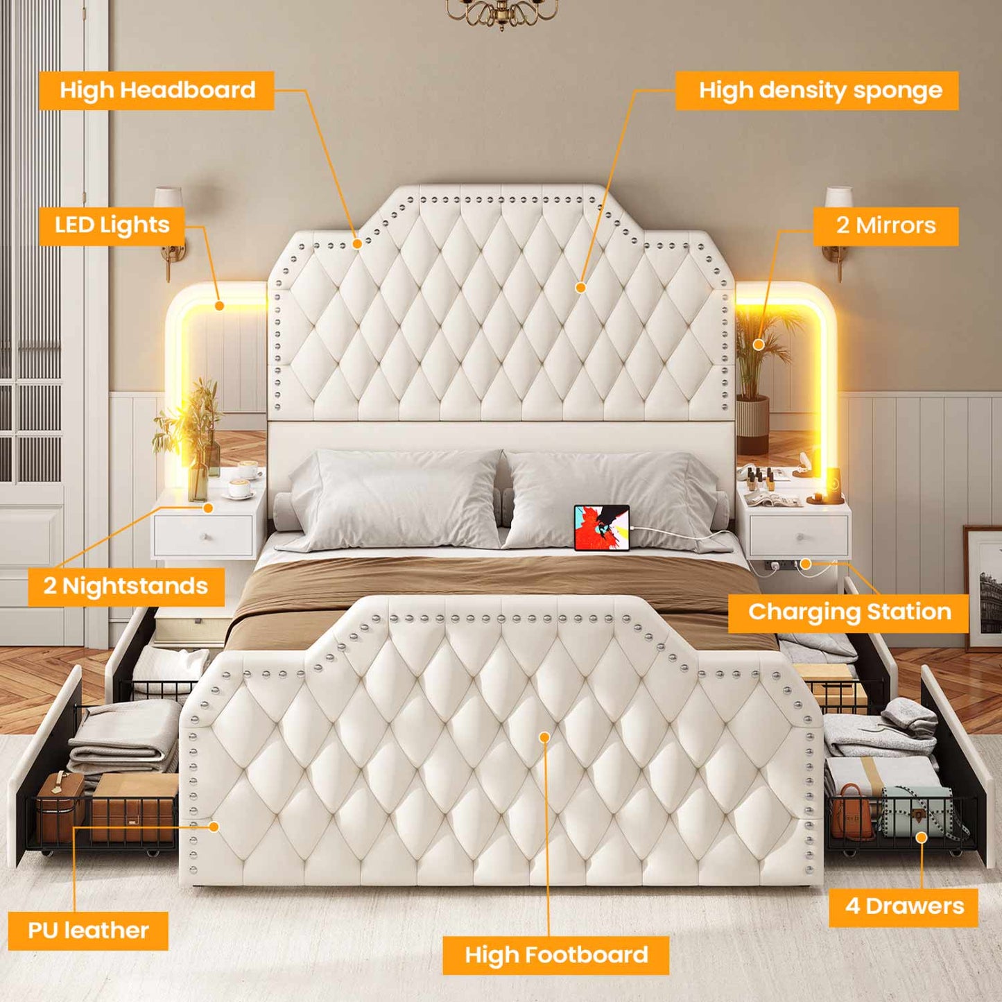 PU Leather Upholstered LED Bed Frame with 2 Nightstands White