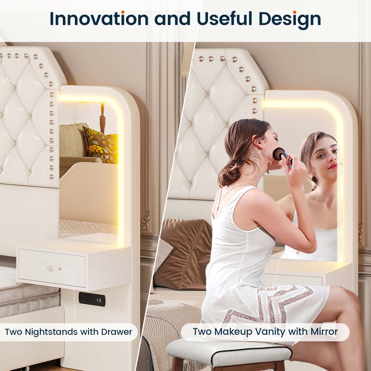 PU Leather Upholstered LED Bed Frame with 2 Nightstands White