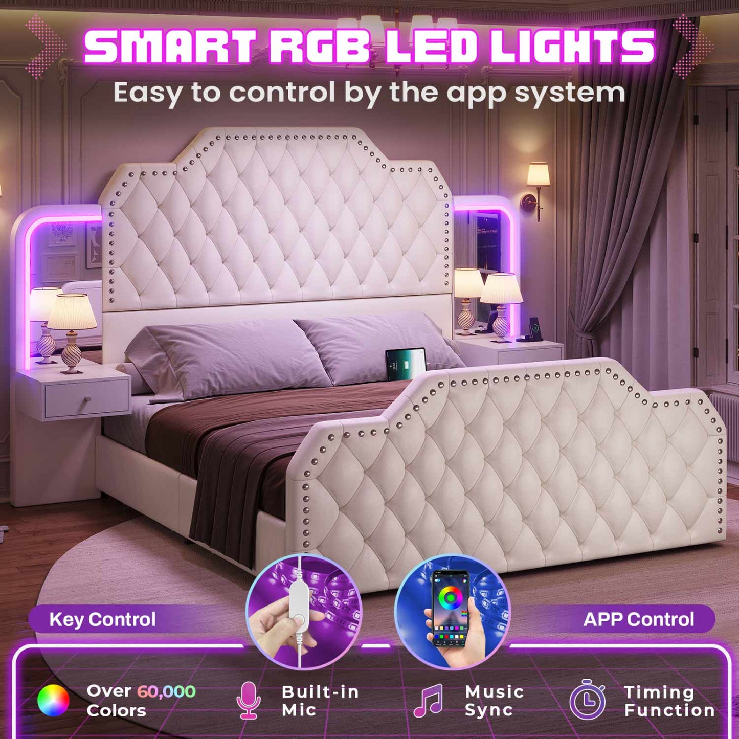 PU Leather Upholstered LED Bed Frame with 2 Nightstands White