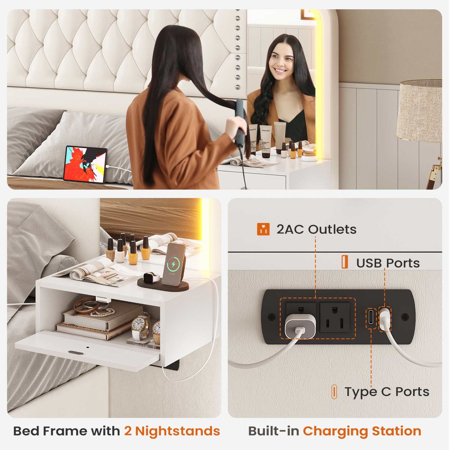 PU Leather Upholstered LED Bed Frame with 2 Nightstands White