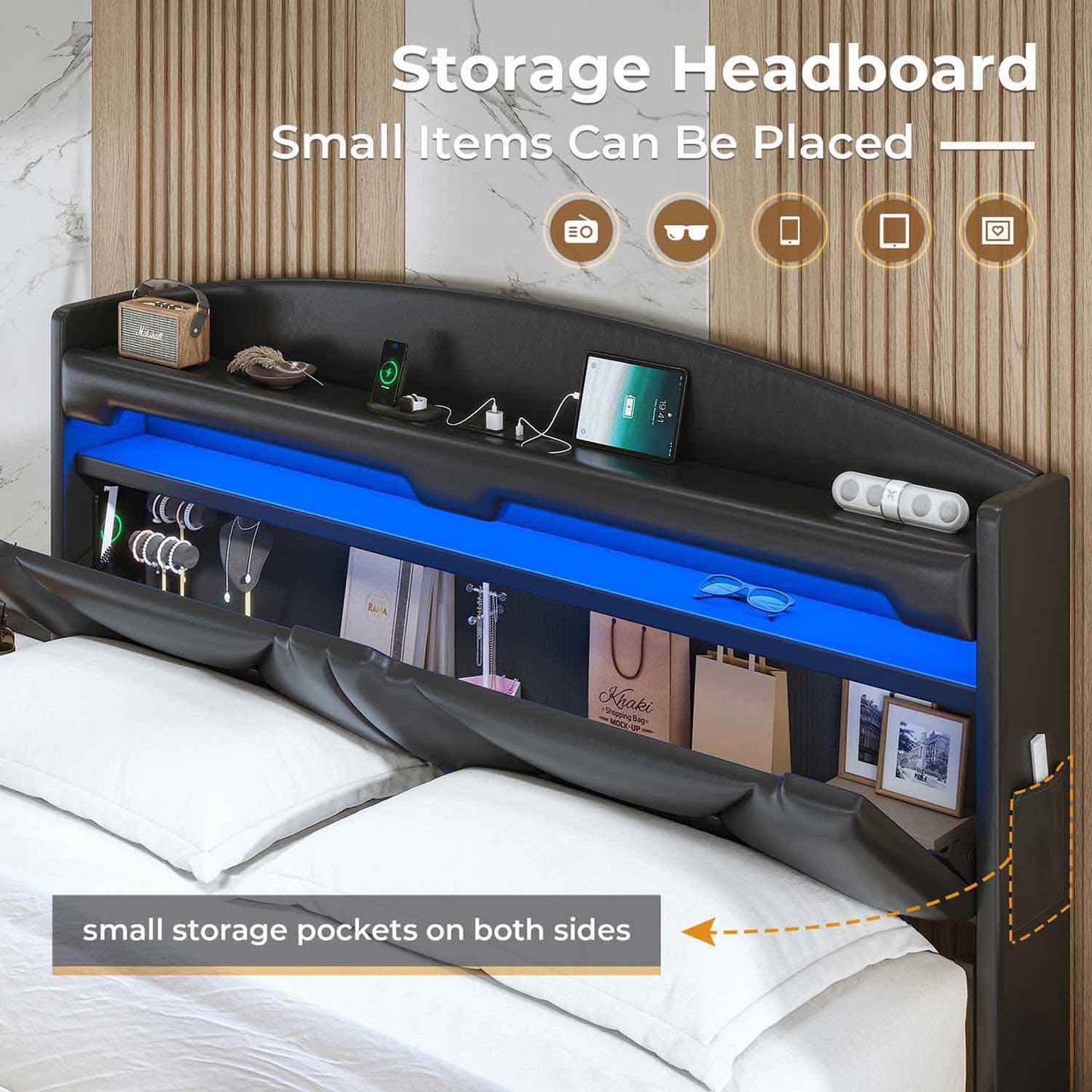 LED Floating PU Leather Upholstered Bed Frame Black