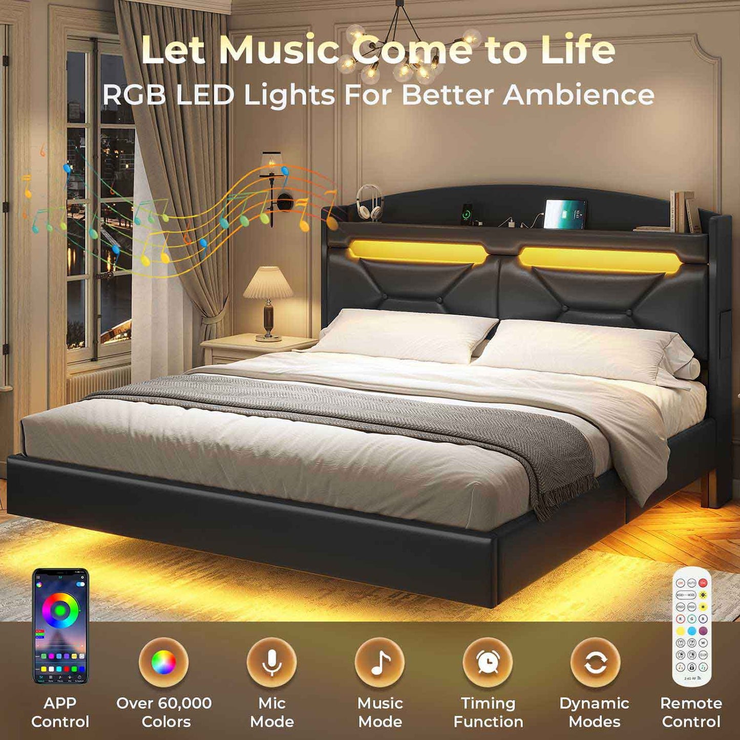 LED Floating PU Leather Upholstered Bed Frame Black