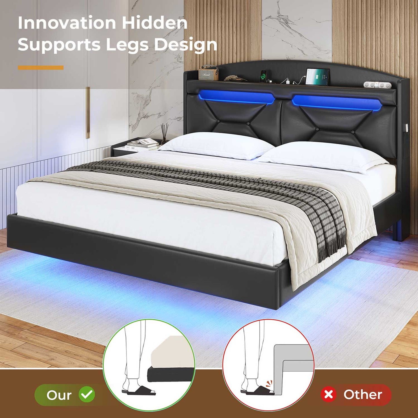 LED Floating PU Leather Upholstered Bed Frame Black