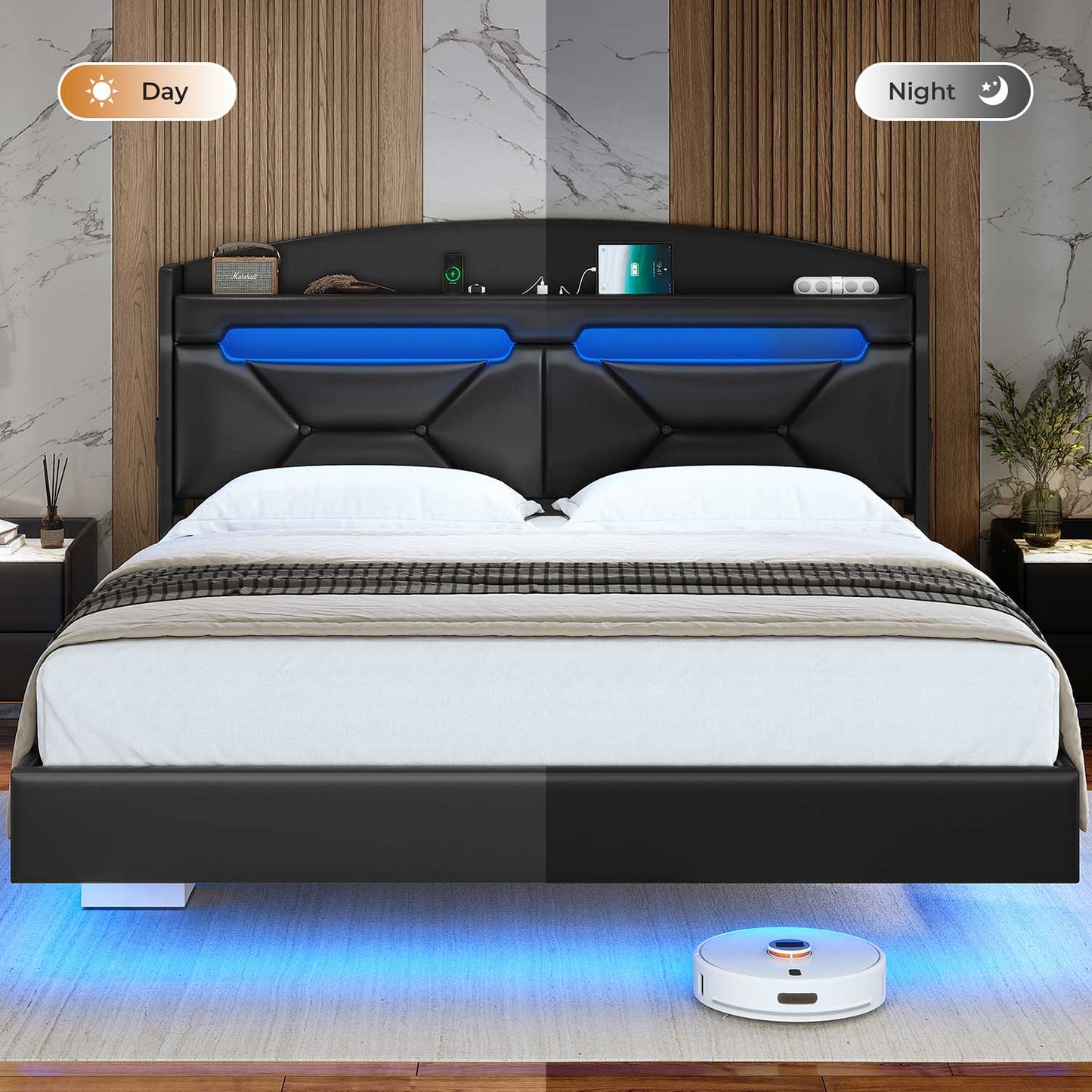 LED Floating PU Leather Upholstered Bed Frame Black