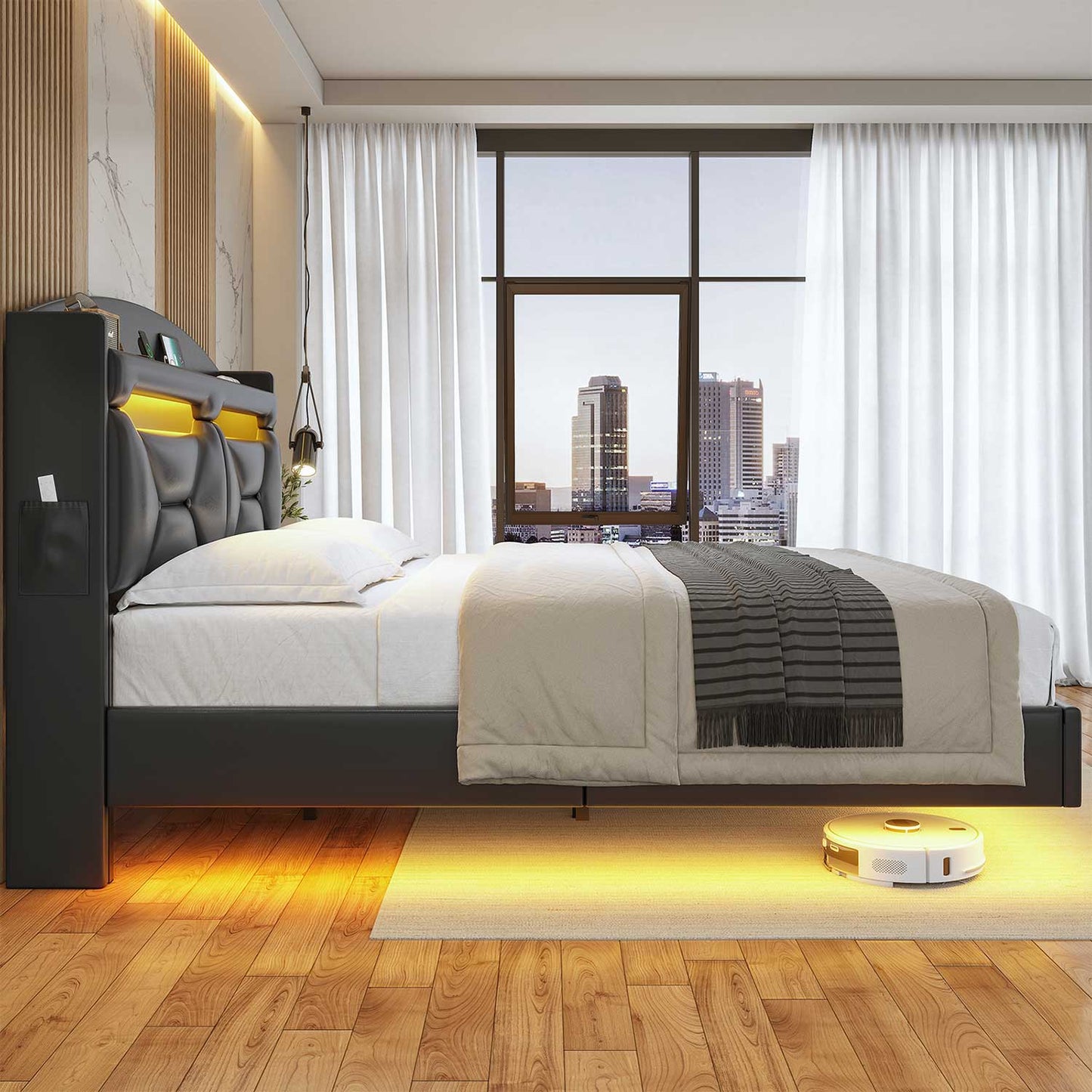 LED Floating PU Leather Upholstered Bed Frame Black