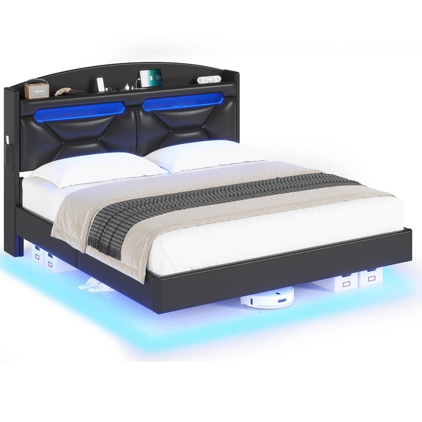 LED Floating PU Leather Upholstered Bed Frame Black