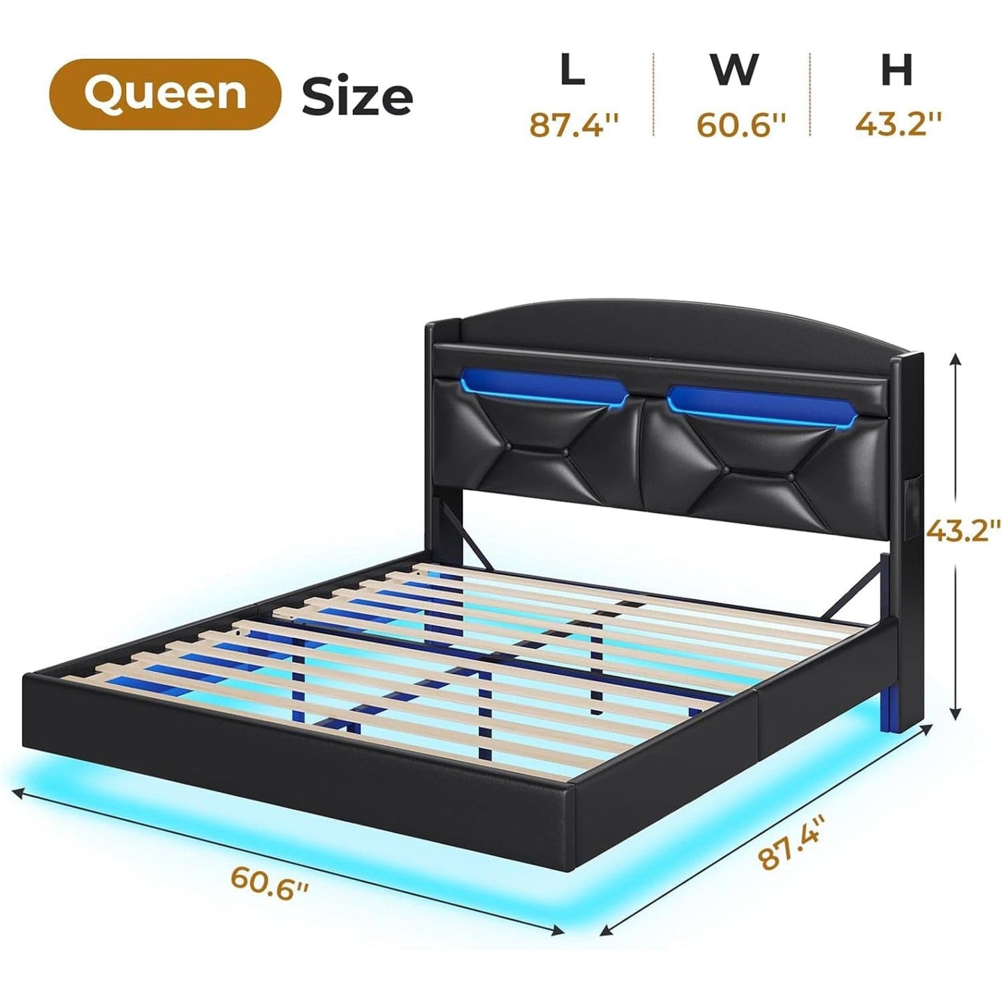 LED Floating PU Leather Upholstered Bed Frame Black