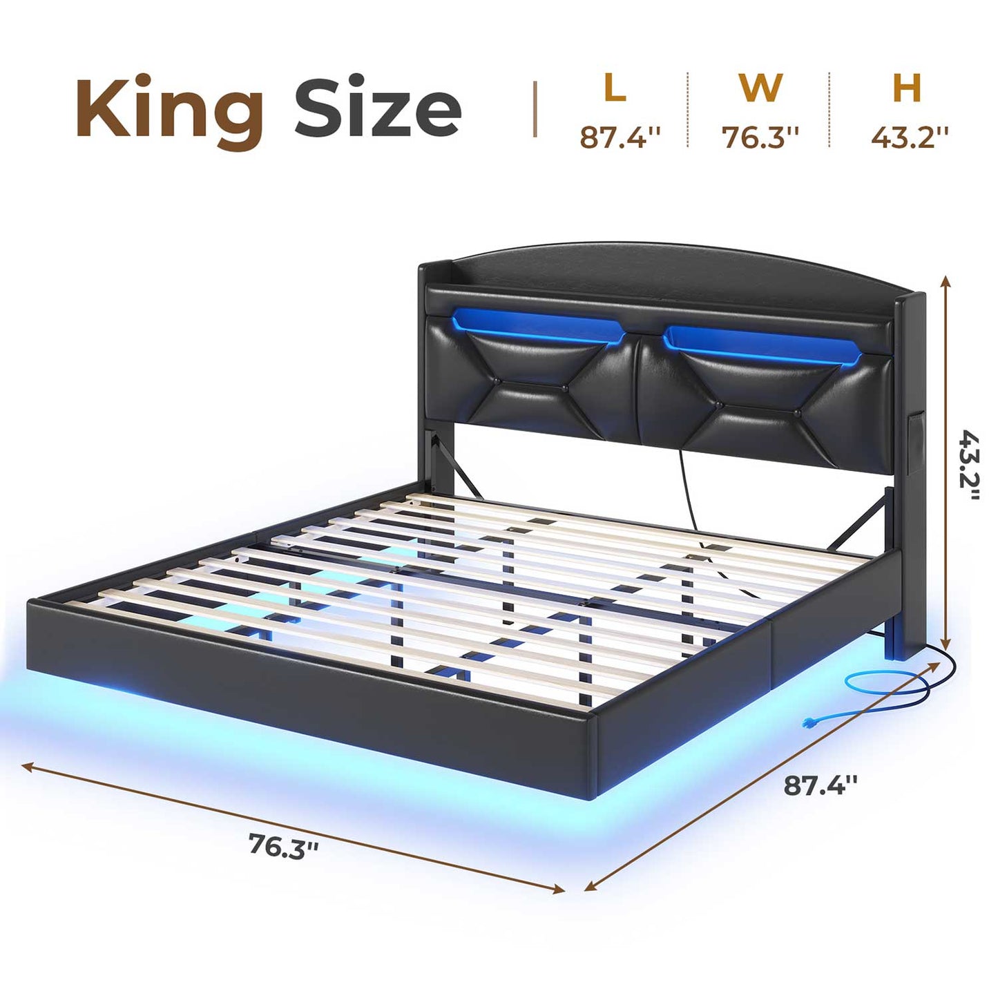 LED Floating PU Leather Upholstered Bed Frame Black