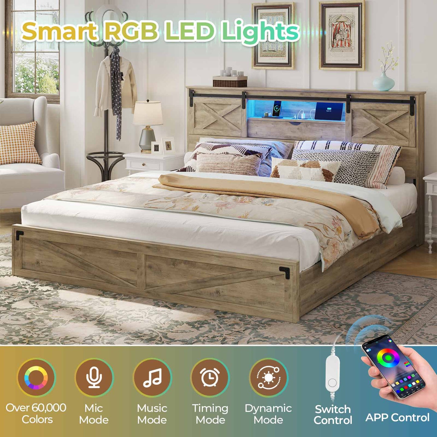 Bed Frame with LED Lights Rustic Oak