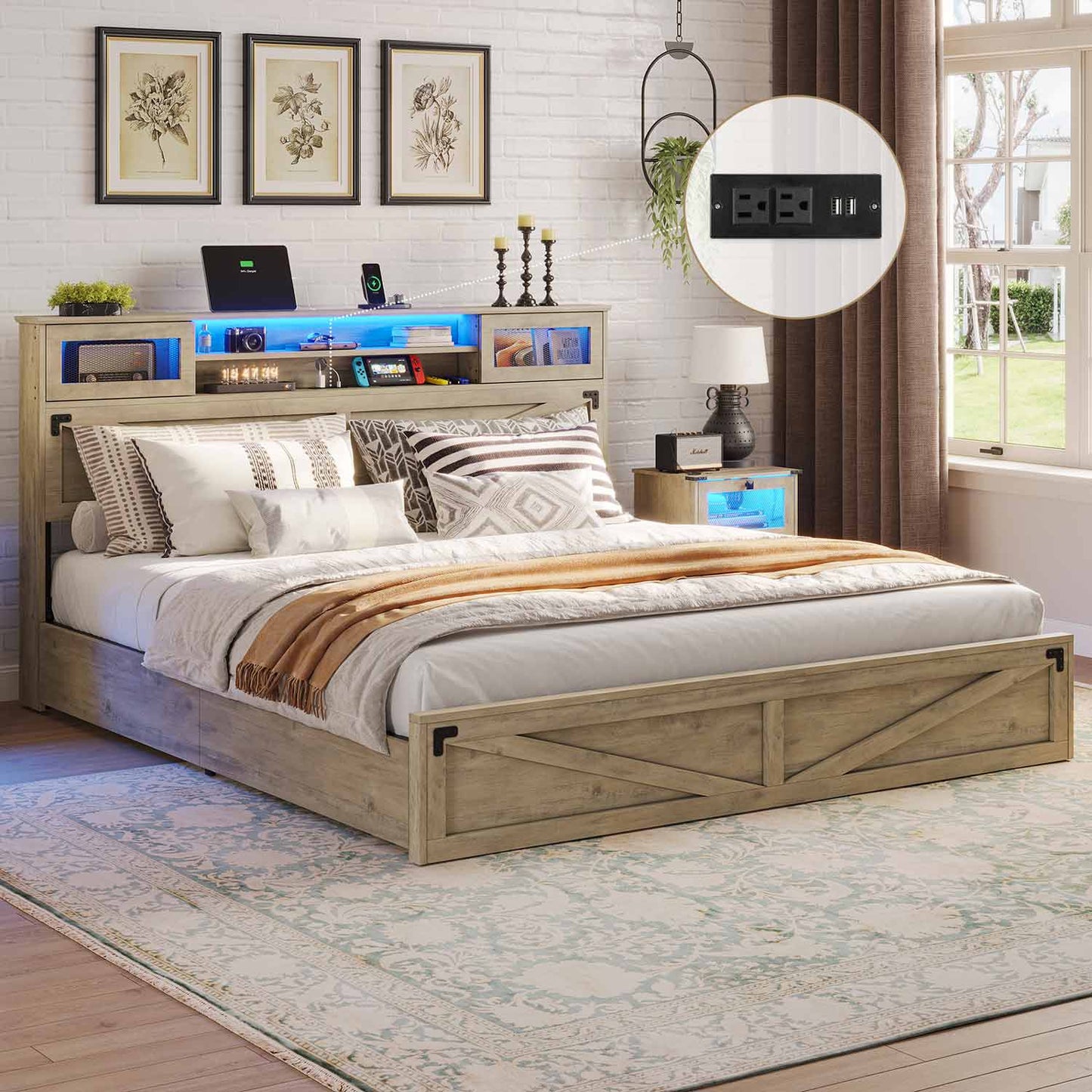 LED Bed Frame with 2 Under Bed Storage Drawers Rustic Oak