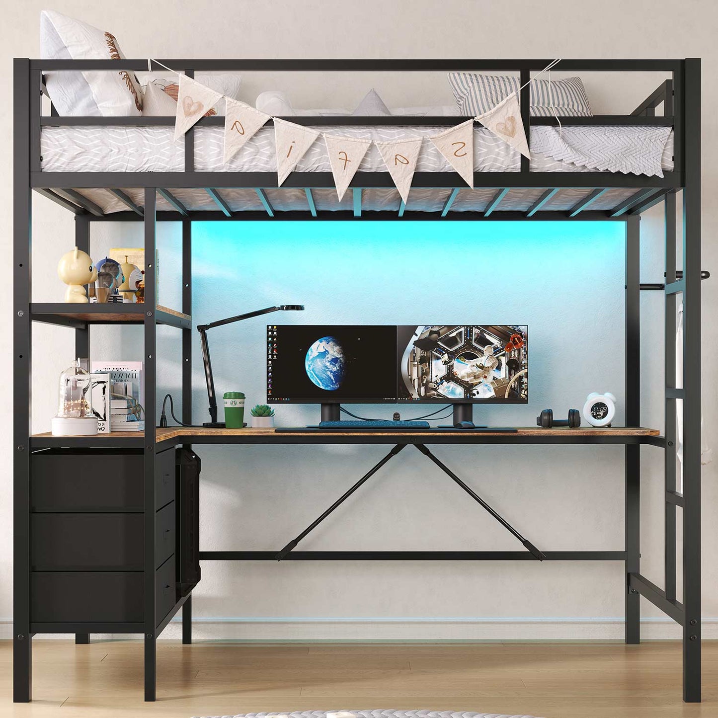 LED Metal Twin Size Loft Bed Frame with L Shaped Desk Black