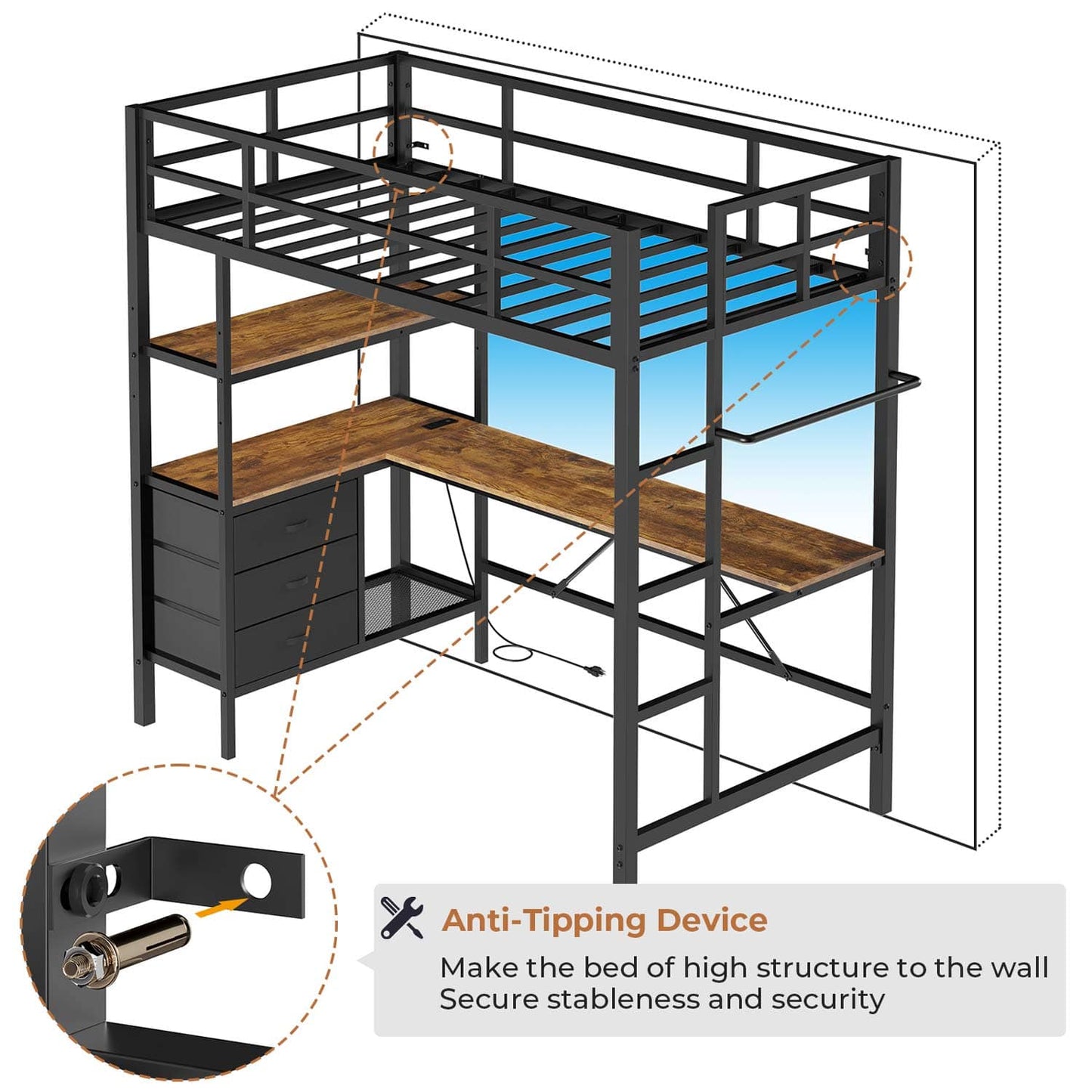 LED Metal Twin Size Loft Bed Frame with L Shaped Desk Black