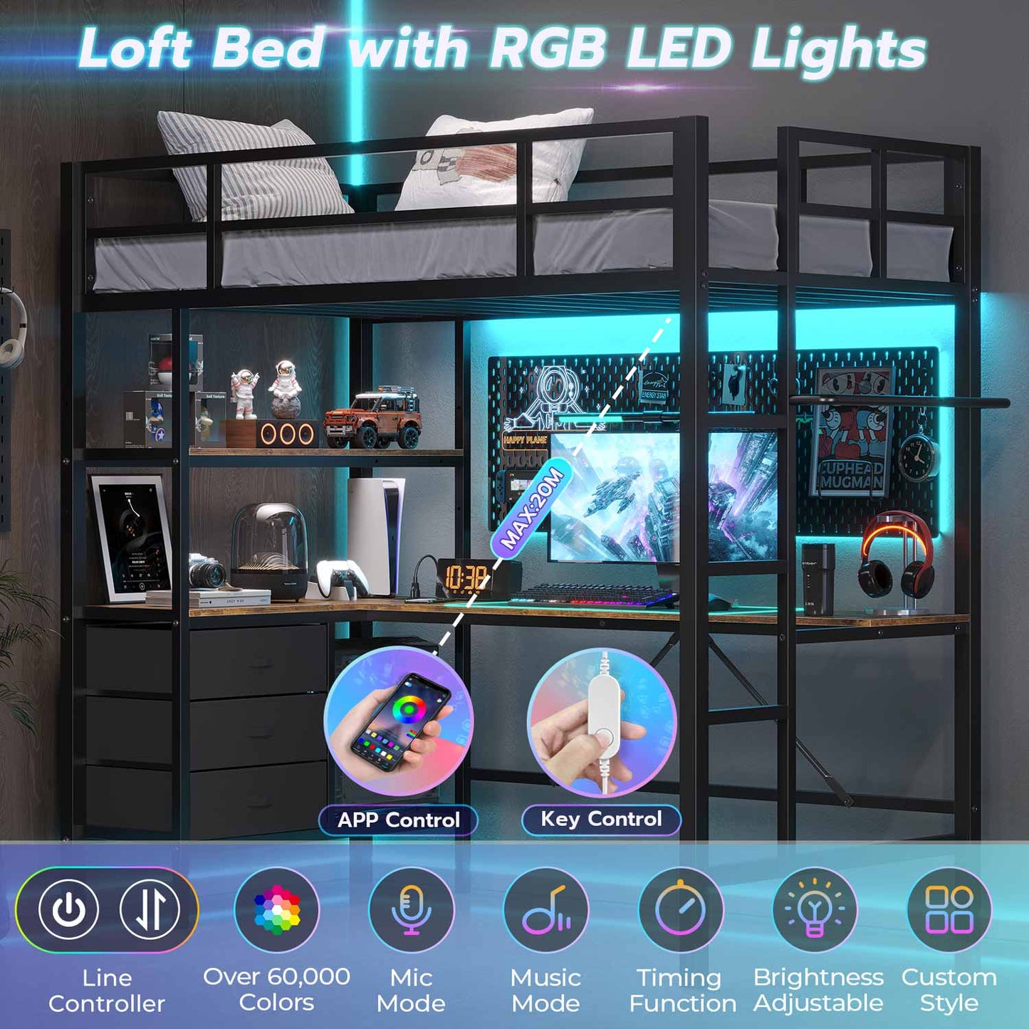 LED Metal Twin Size Loft Bed Frame with L Shaped Desk Black