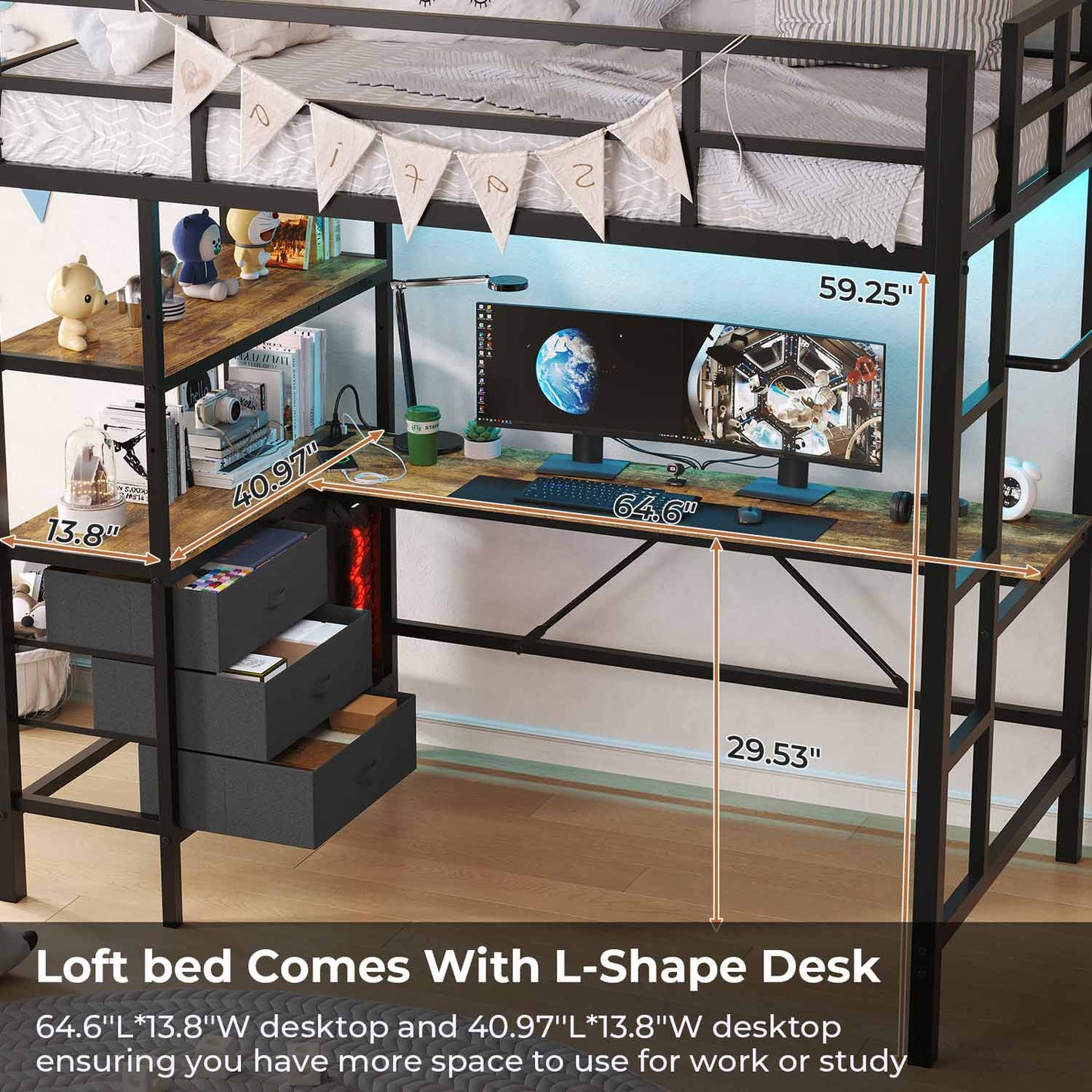 LED Metal Twin Size Loft Bed Frame with L Shaped Desk Black