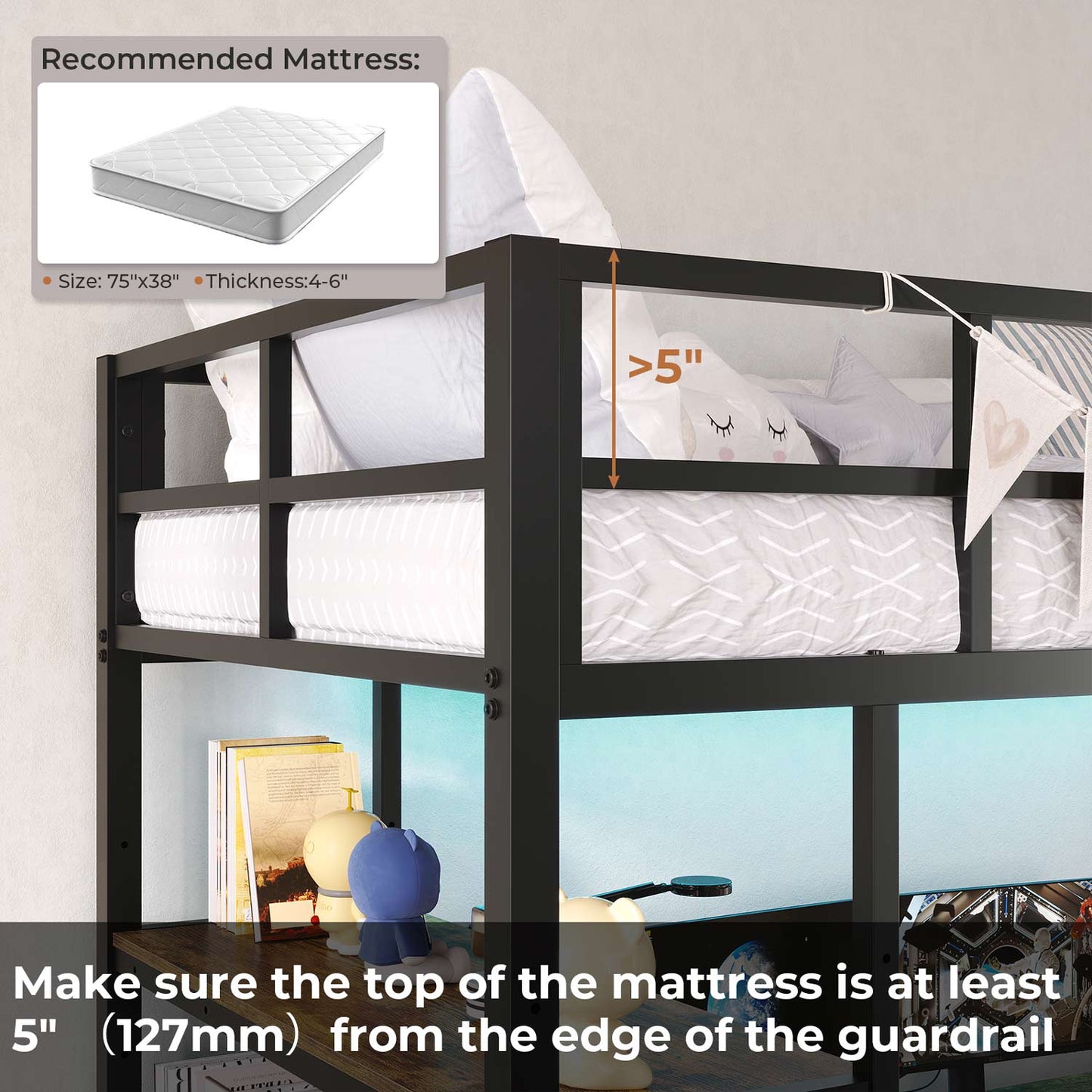 LED Metal Twin Size Loft Bed Frame with L Shaped Desk Black