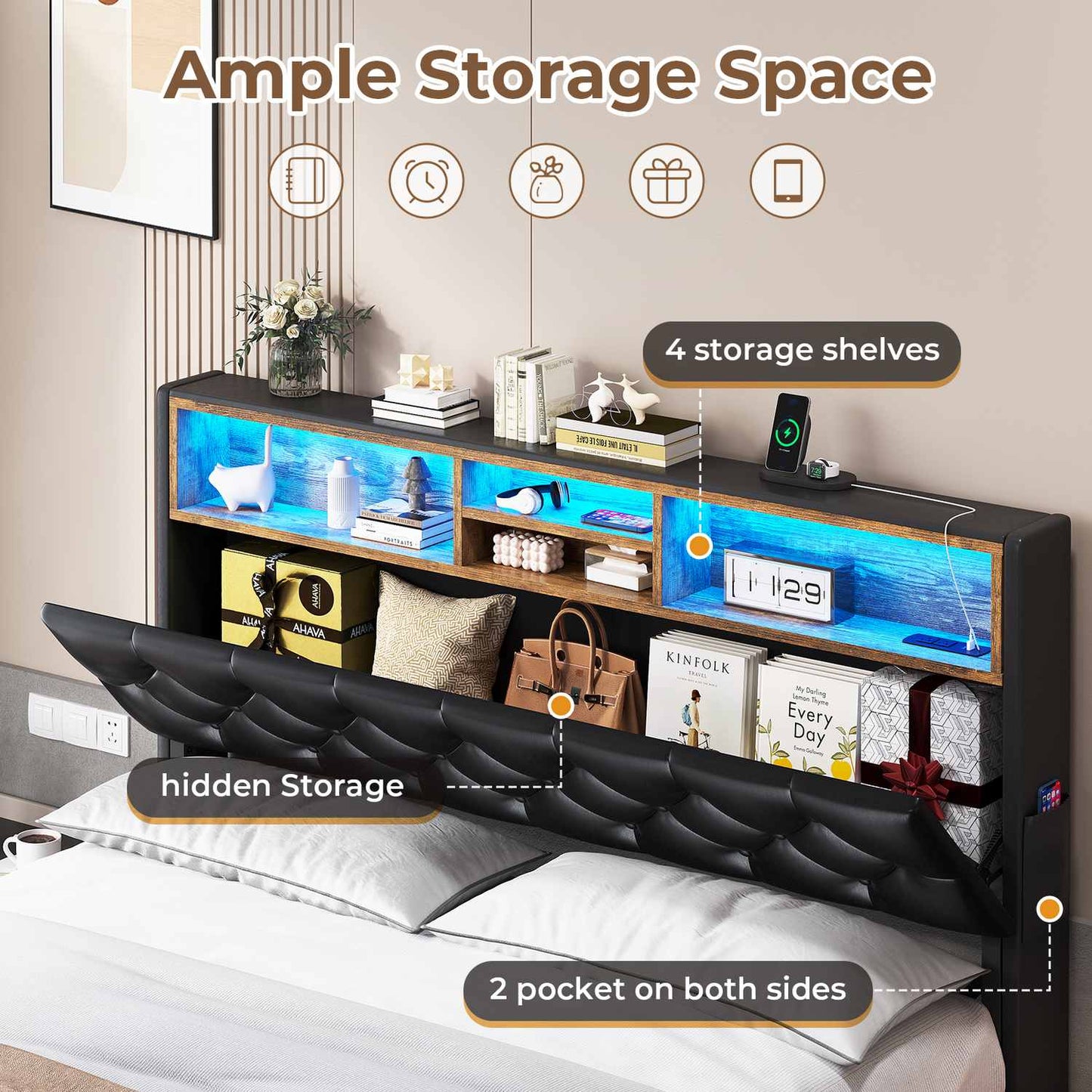 PU Leather Upholstered Bed Frame with LED Lights Black