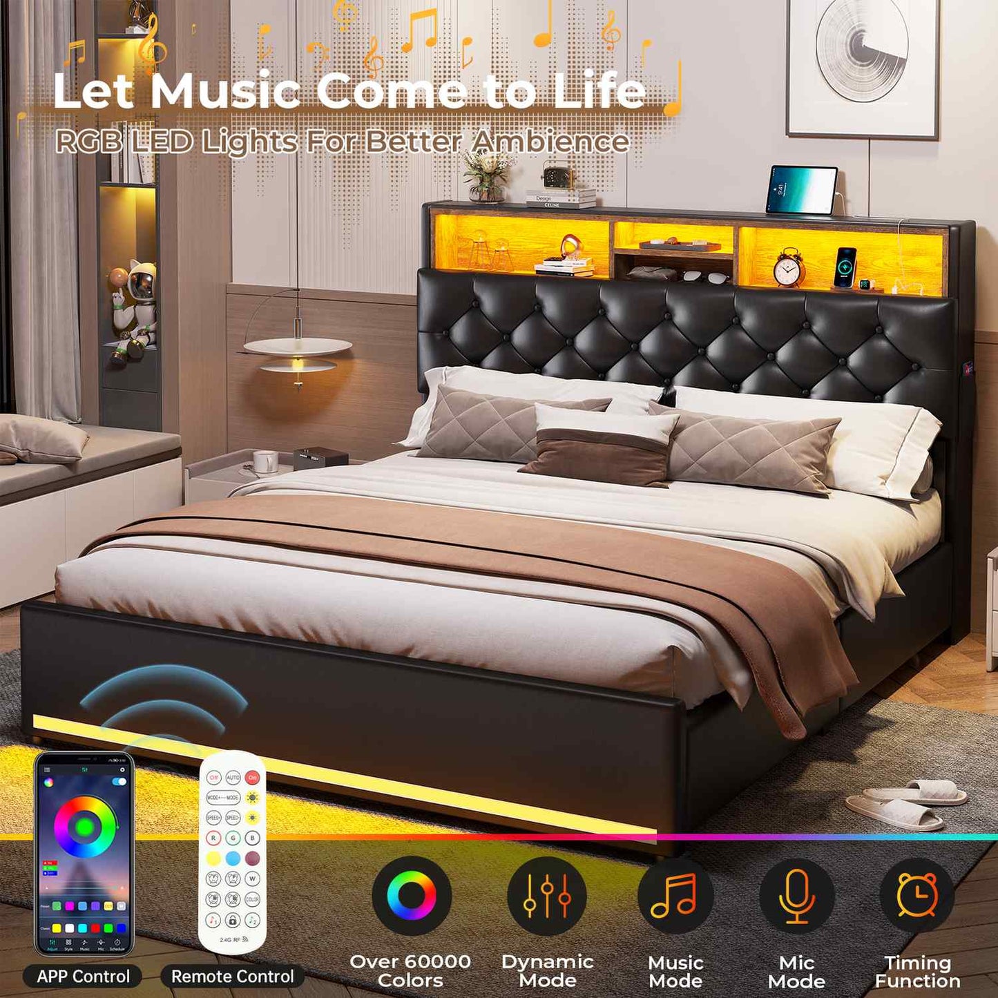 PU Leather Upholstered Bed Frame with LED Lights Black