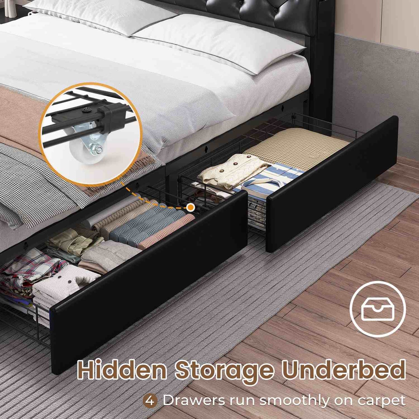 PU Leather Upholstered Bed Frame with LED Lights Black