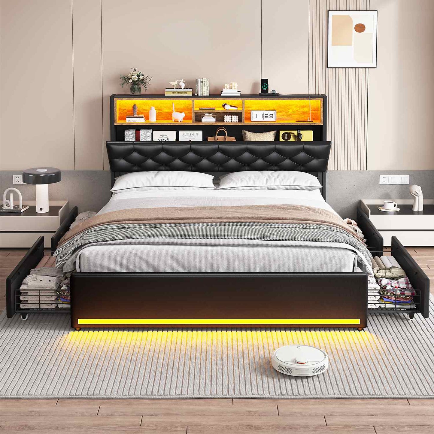 PU Leather Upholstered Bed Frame with LED Lights Black