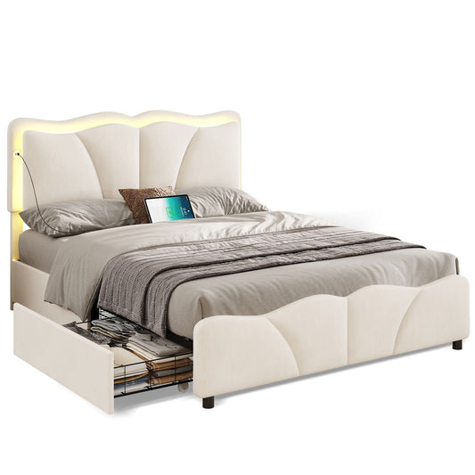 Velvet Upholstered LED Bed Frame with Charging Station White