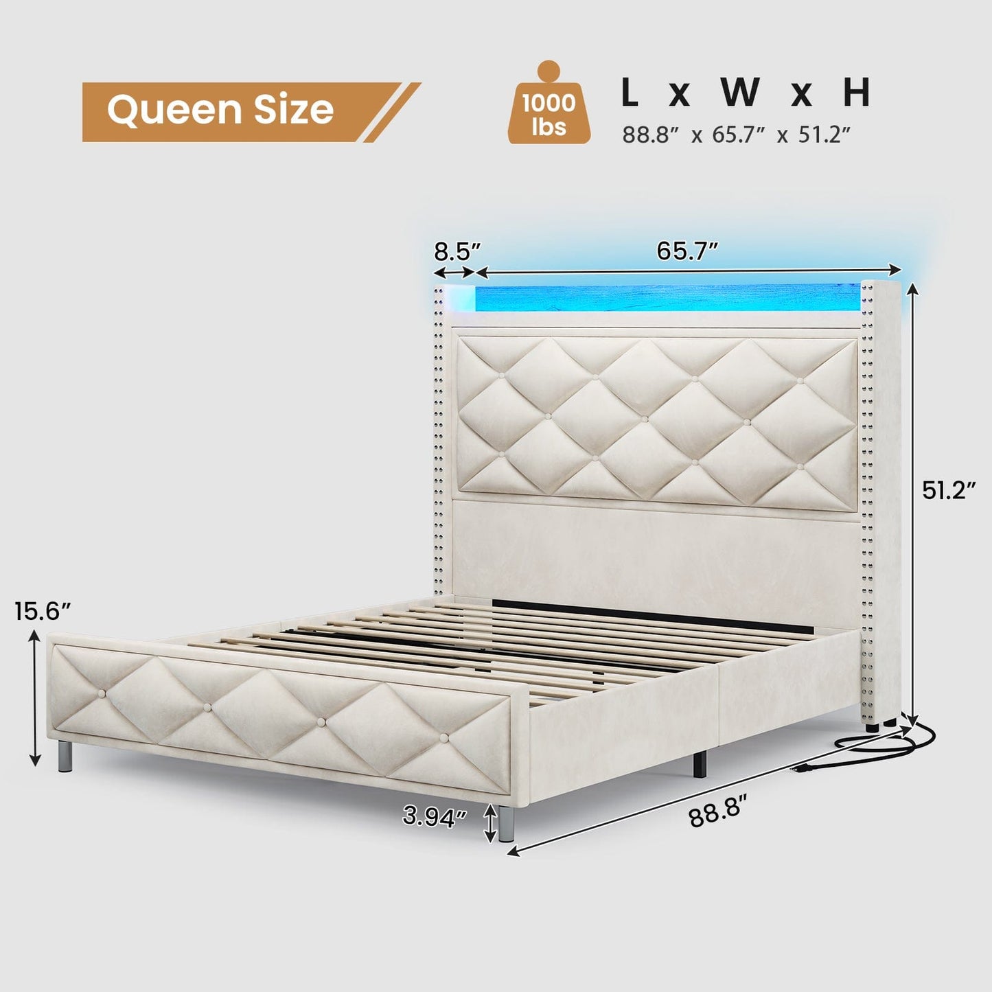Velvet Upholstered LED Bed Frame with Tall Headboard Beige