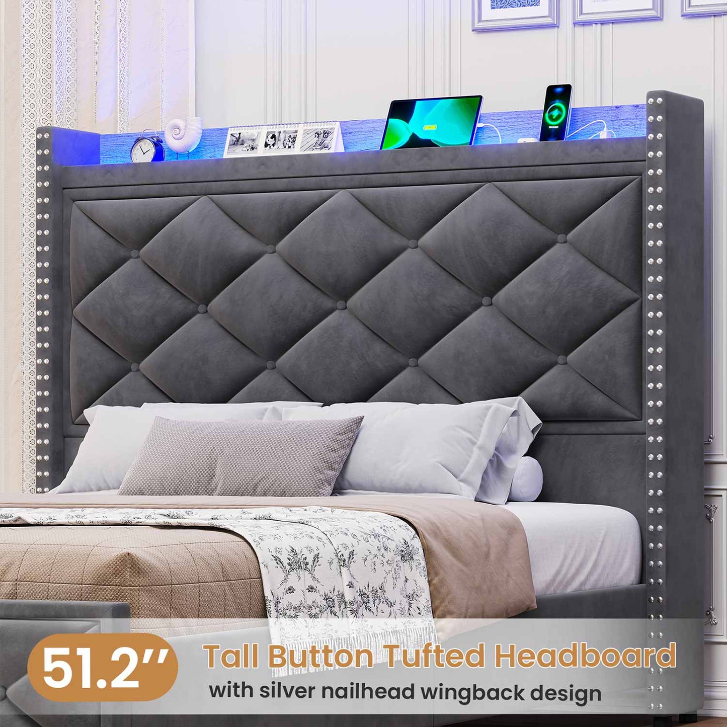 Velvet Upholstered Bed Frame with Tall Headboard Dark Gray
