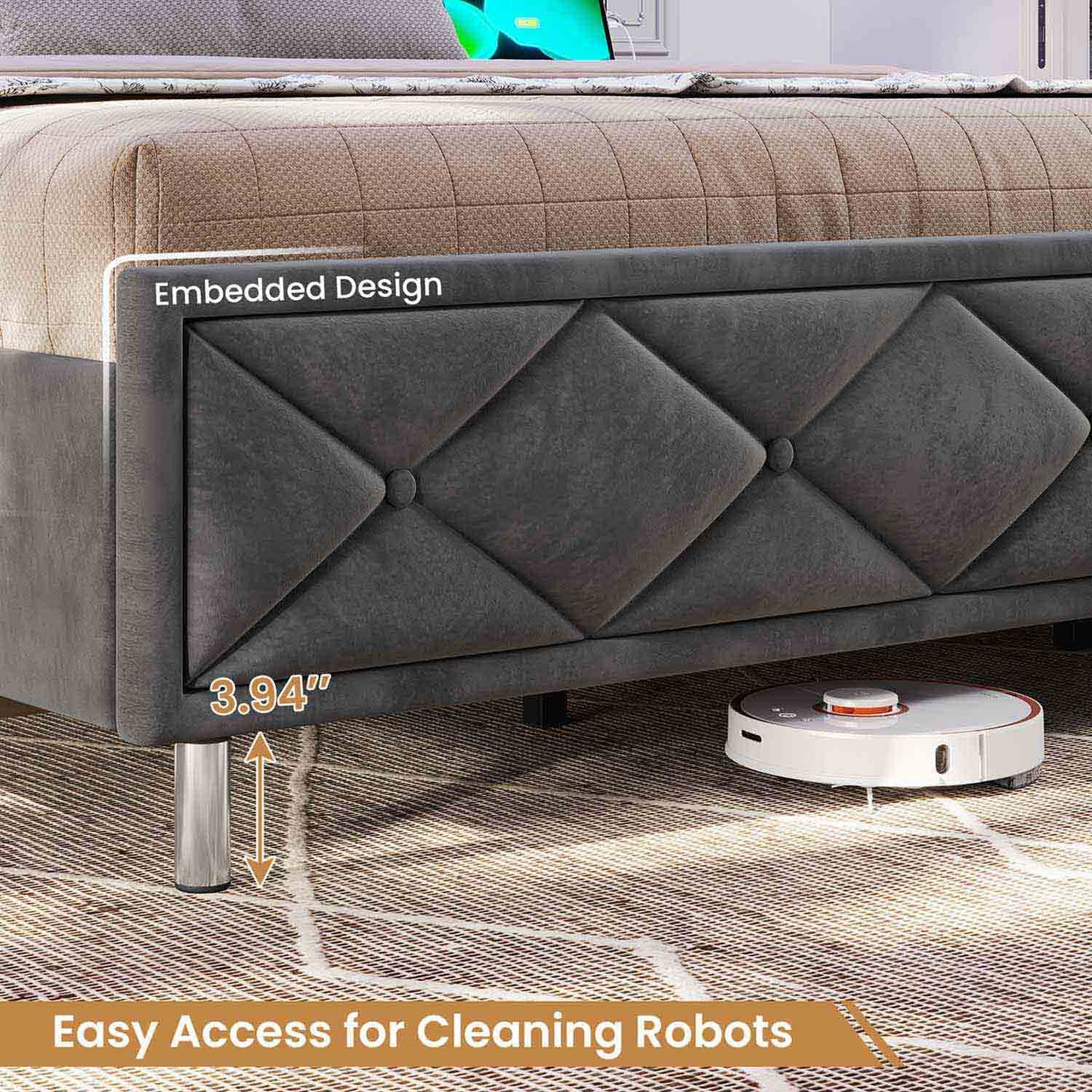 Velvet Upholstered Bed Frame with Tall Headboard Dark Gray
