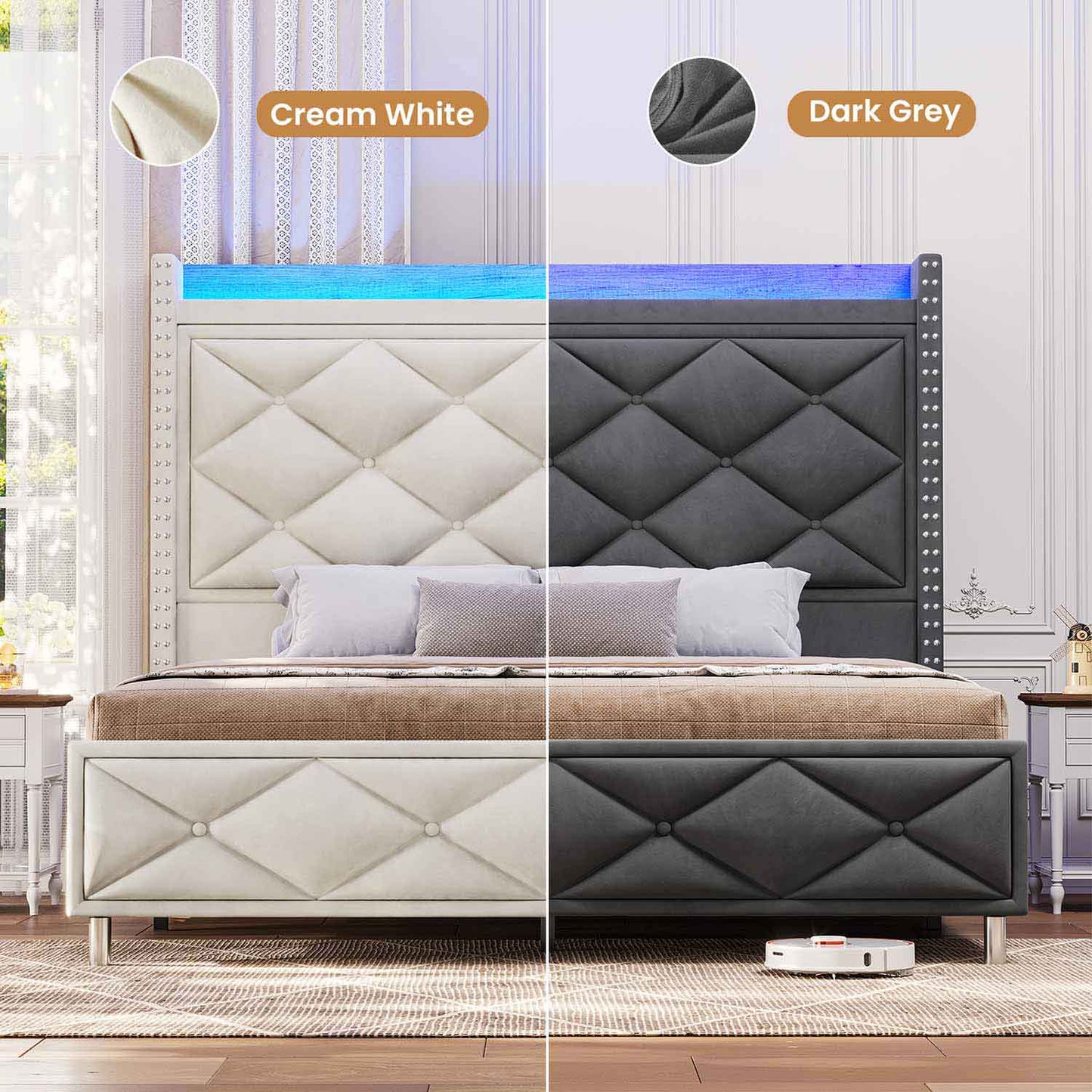Velvet Upholstered Bed Frame with Tall Headboard Dark Gray