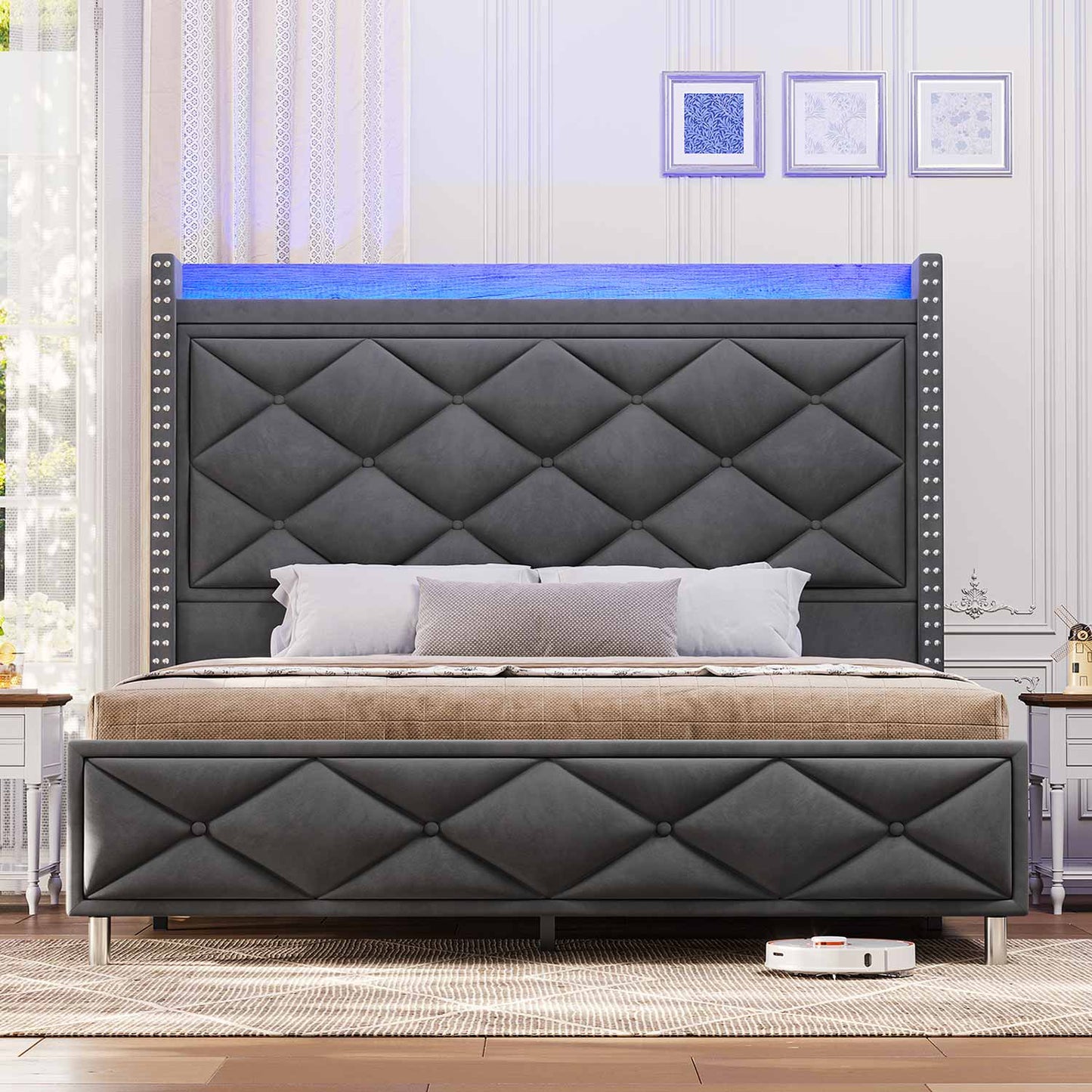 Velvet Upholstered Bed Frame with Tall Headboard Dark Gray
