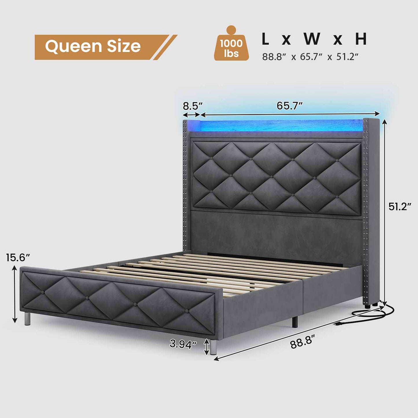 Velvet Upholstered Bed Frame with Tall Headboard Dark Gray