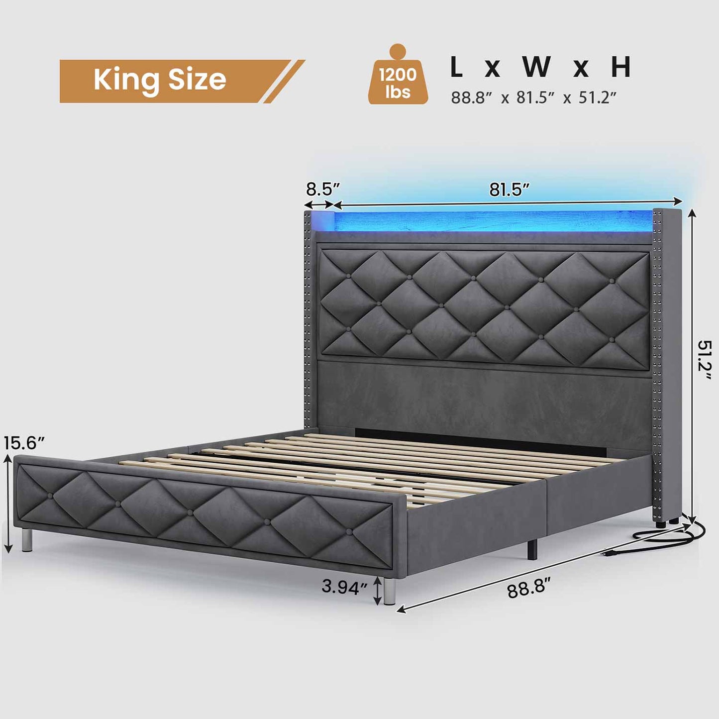 Velvet Upholstered Bed Frame with Tall Headboard Dark Gray