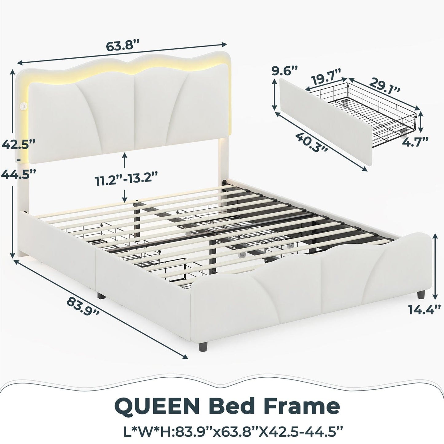 Velvet Upholstered LED Bed Frame with Charging Station White