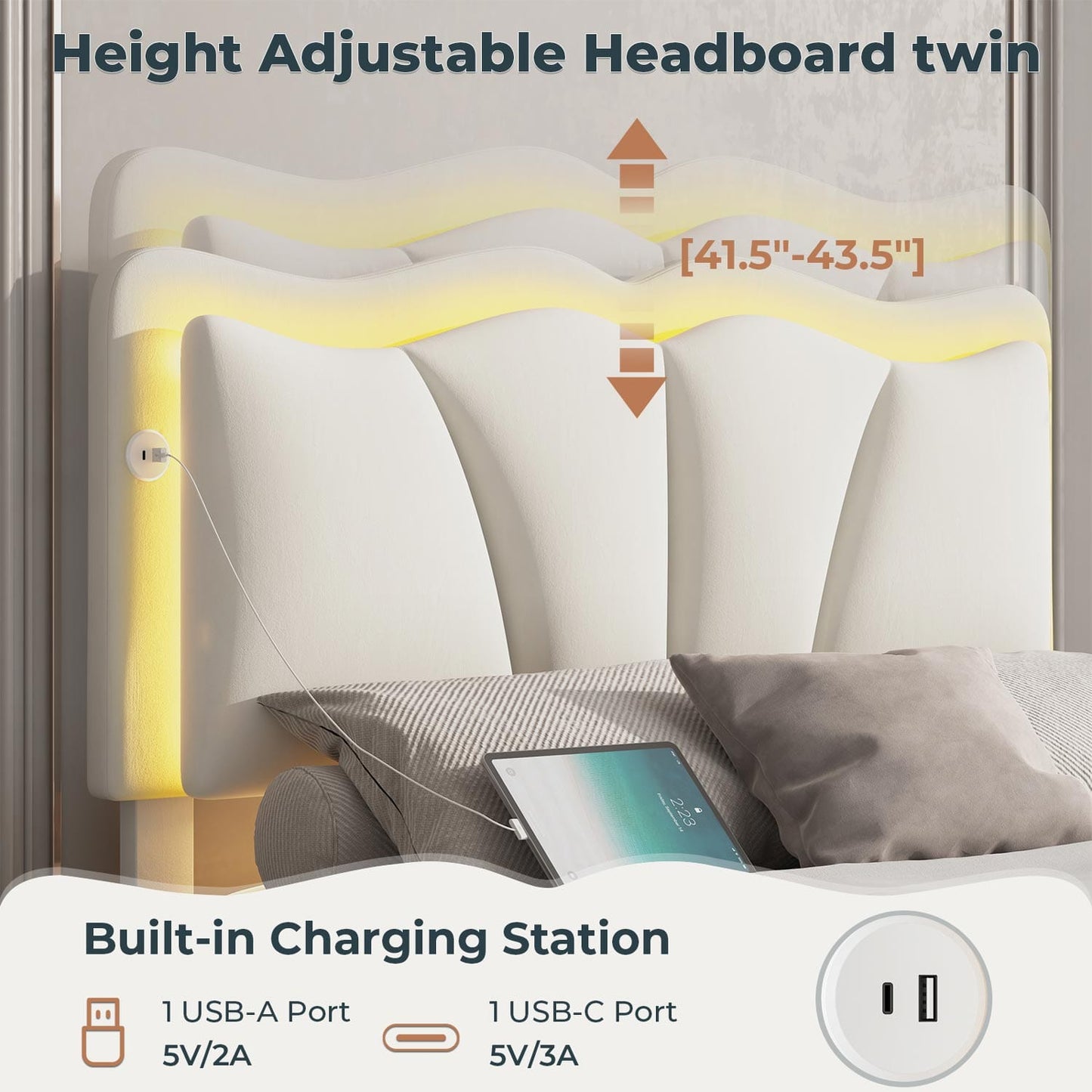 Velvet Upholstered LED Bed Frame with Charging Station White