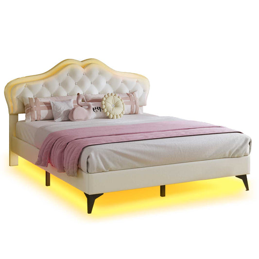 Velvet Princess LED Bed Frame with Adjustable Headboard White