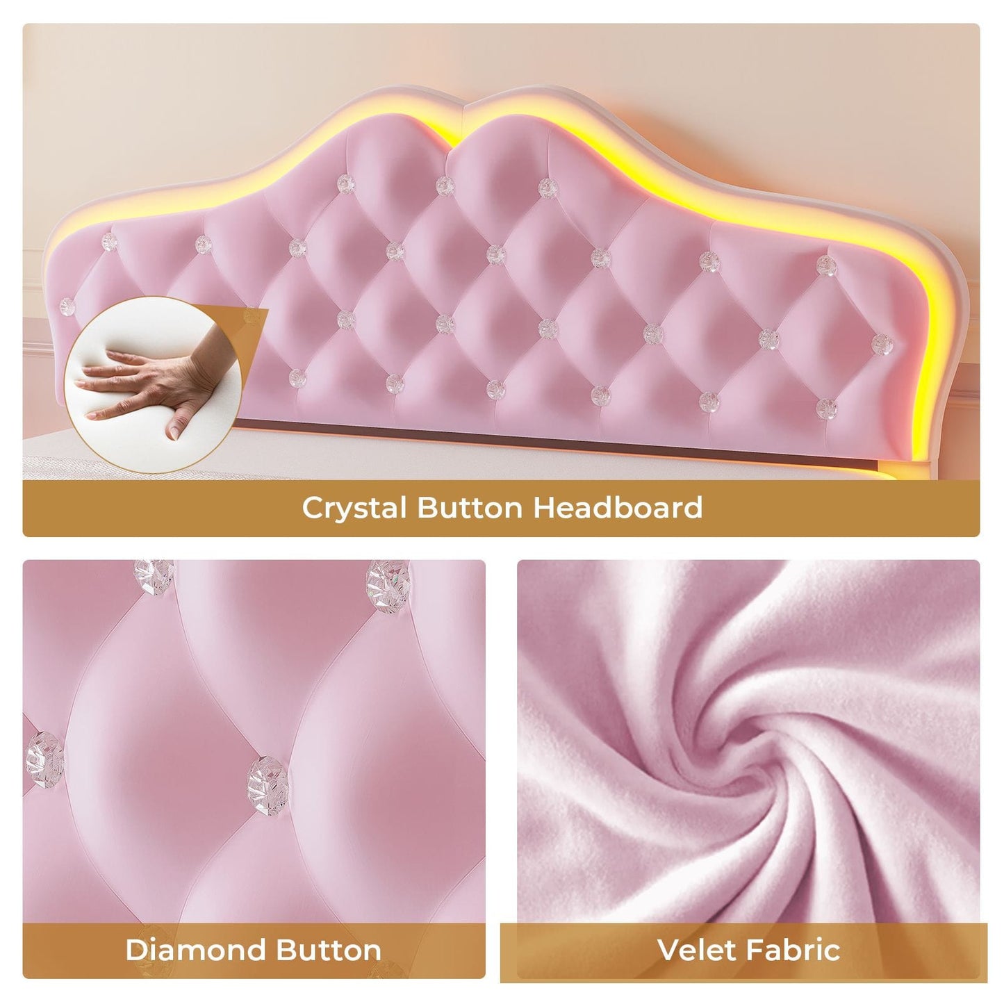 Velvet Princess Bed Frame with Adjustable Headboard Pink