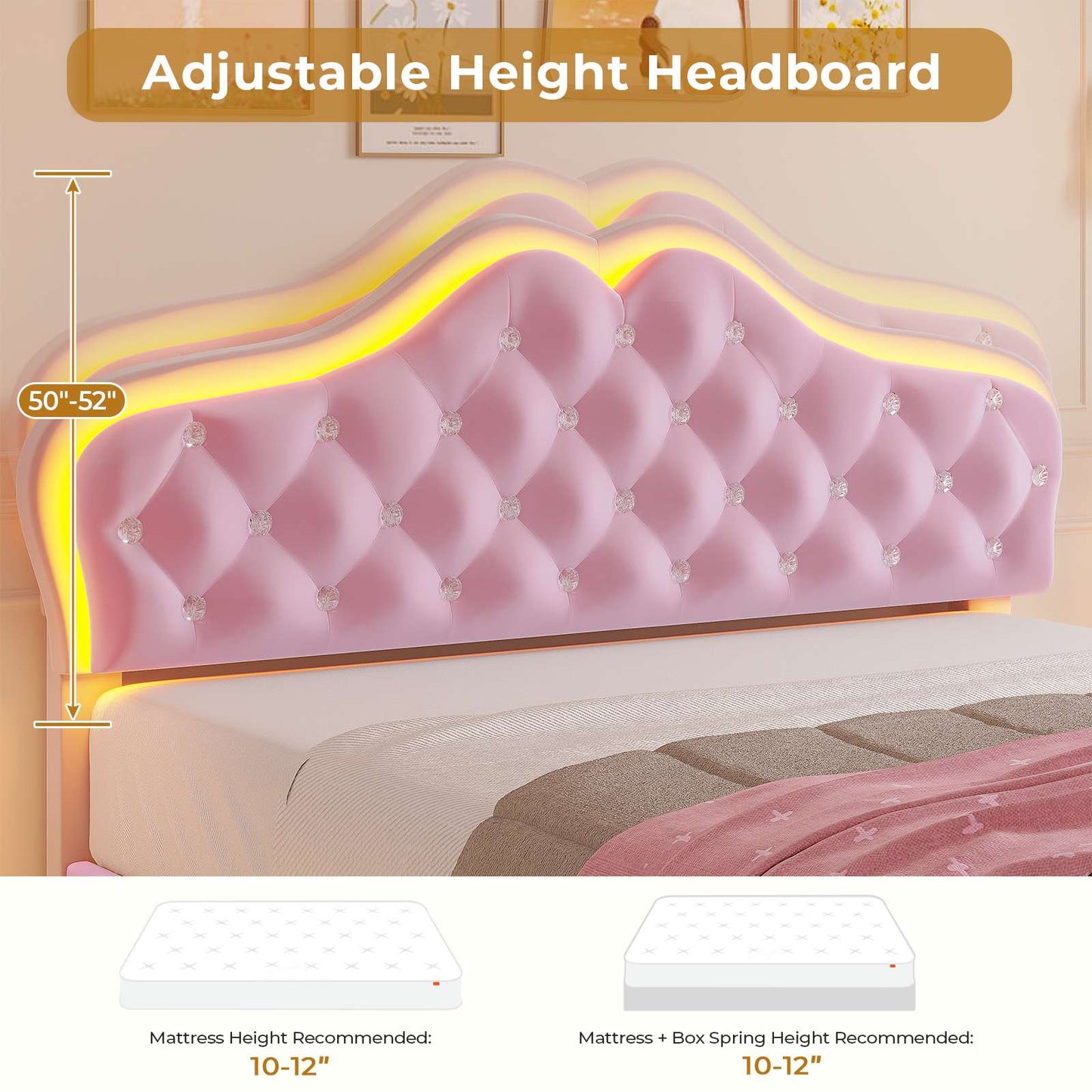 Velvet Princess Bed Frame with Adjustable Headboard Pink