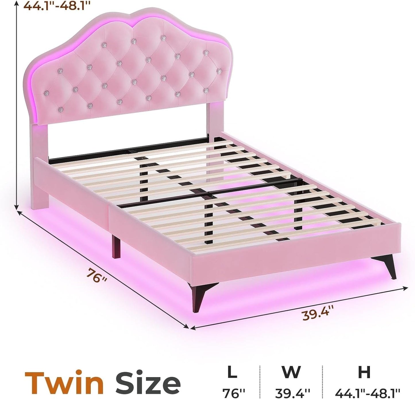 Velvet Princess Bed Frame with Adjustable Headboard Pink