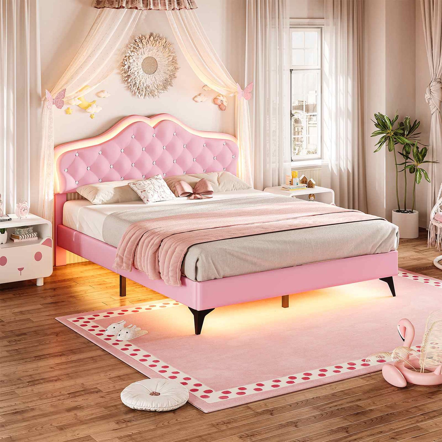 Velvet Princess Bed Frame with Adjustable Headboard Pink