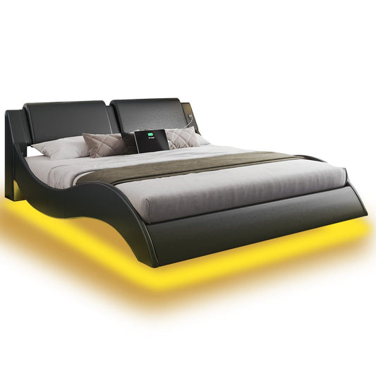 Wave Like Curve LED Bed Frame with Charging Station Black