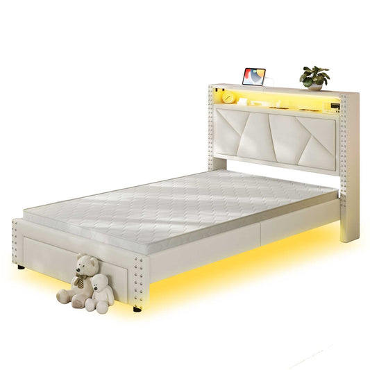 Twin Size Upholstered LED Bed Frame White